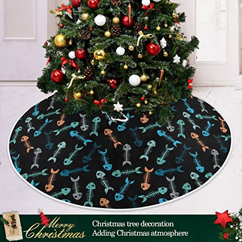 Colorful Fish Skeletons Christmas Tree Skirt 35.4/47.2 Inch Large, Double Layer, With Felt Fabric Lining, Tree Mat For Xmas Holiday Party Decoration #TOP4