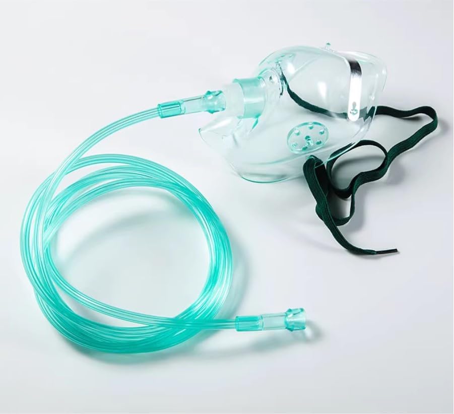 Oxygen mask with tubing attached, ready for use