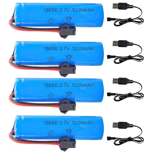 Hojalis 3.7V 1200mah Lipo Batería, 4PCS Lipo Batería Recargable con Cable de Carga USB y Enchufe SM 2P, 18650 batería RC, para RC Carro Camión de Control Remoto Road Truck RC Barcos Tanques Barcos