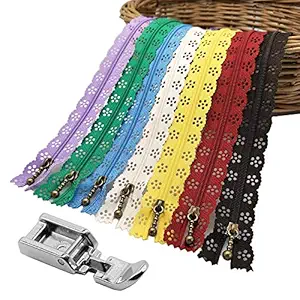 Fbshicung Sewing Lace Zippers and 1Pcs Zipper Presser Foot, 16inch 20pcs/Pack 3# End Zipper DIY Nylon Coil Flower Zipper for DIY Sewing Dress Tailor Craft Bed Bag