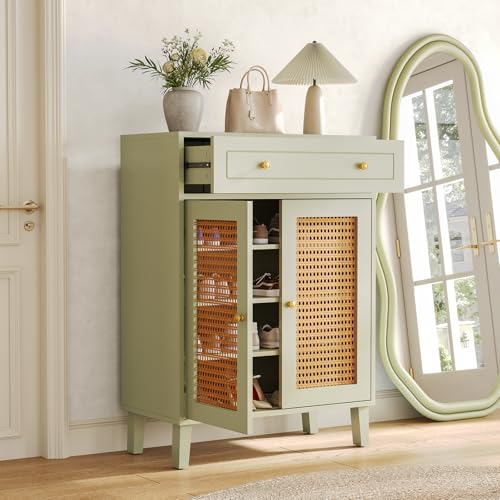 LITTLE TREE Shoe Cabinet for Entryway, 4-Tier Shoe Organizer with Adjustable Shelves & Drawer, Freestanding Mint Green Shoe Cabinets with Rattan Doors for Hallway, Bedroom, Living Room
