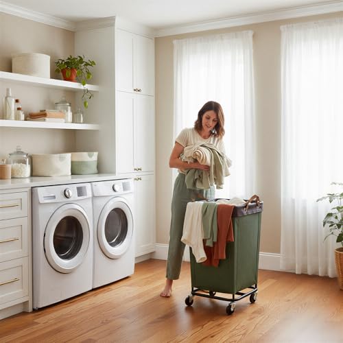 Image of StorageWorks 160L Laundry Basket with Wheels, Large Rolling Hampers for Clothing Organizer, Dirty Clothes Basket for Hotel, Home, Closet, Dorm, Green