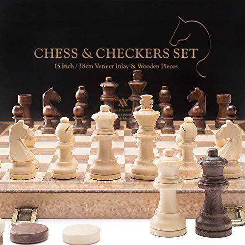 A&A 15" Folding Wooden Chess & Checkers Set w/ 3" King Height Chess