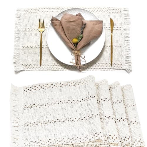 FEXIA Boho Placemats Set of 4, Macrame Table Decor and Farmhouse Style Placemats Natural Cotton Burlap, for Dining Table Kitchen