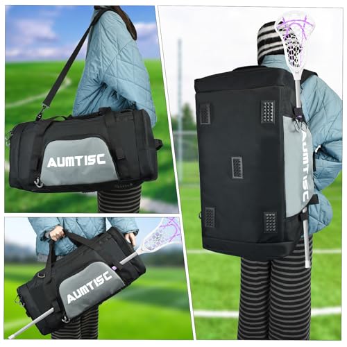 AUMTISC Lacrosse Bag Backpack or Duffel Bag, 2 Stick Holders and Separate Cleats Compartment, Large Lacrosse Gear Backpack to Holds All LAX or Field Hockey Equipment, 65L