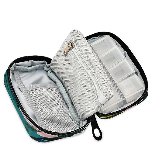Image of Naanle Hawaiian Palm Leaf Flower Pill Box 7 Day Pill Case Travel Pill Organizer Bag with Zipper Portable Weekly Case Compact Size for Vitamin Supplement Holder