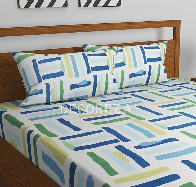 Geeta Homes Premium Cotton Feel Glace Cotton 210 Tc Elastic Fitted Bedsheets with 2 Pillow Covers Double Bed with Corner Elastic Floral Pattren |Size-72X68+ 6 Inches Homes 2508