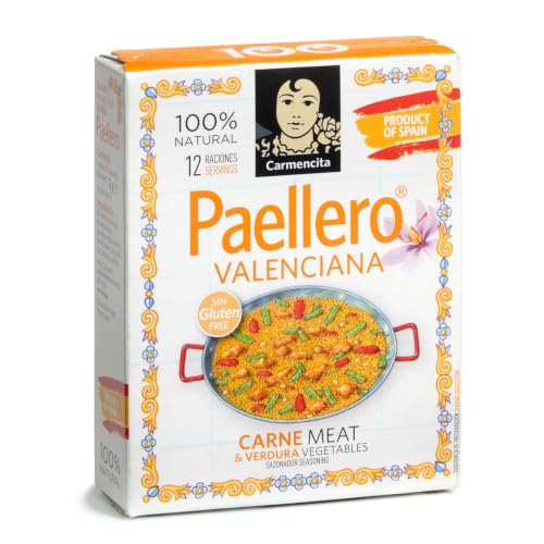 Sazonador Paellero Valenciana Carmencita, Especias para Paella carnes y verduras, Sin Gluten, Apto para 12 Raciones, Contiene 3 sobres de 4g cada, 2 Unidades