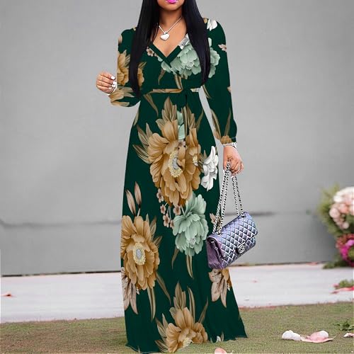 Image of Women Plus Size Long Sleeve V Neck Maxi Dress with Belt | Soft fabric relaxed fit three quarter sleeve v neck with pockets for party and daily wear