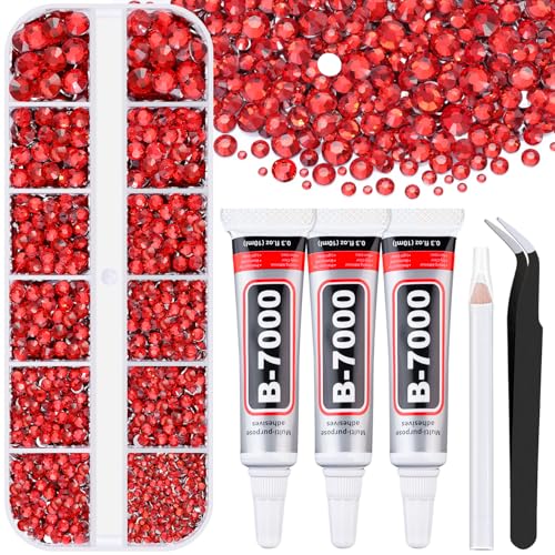 6000Pcs Resin Rhinestones for Bedazzling with 3Pcs B7000 Jewelry Glue 1 Box Red Flatback Rhinestones for Crafting Crafts DIY Crystals Gems for Clothing Shoes Tumblers Nail Art Makeup