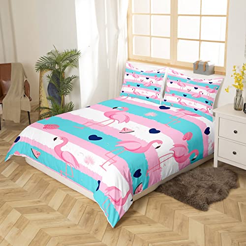 Pink Flamingo Duvet Cover Full Size Flamingo Comforter Cover For Girls Women,Flamingo Decor Bedding Set Teal Geometry Stripe Print Bedspread Covers Blue Love Pattern Palm Leaves Print Bedding 3 Pcs #TOP2