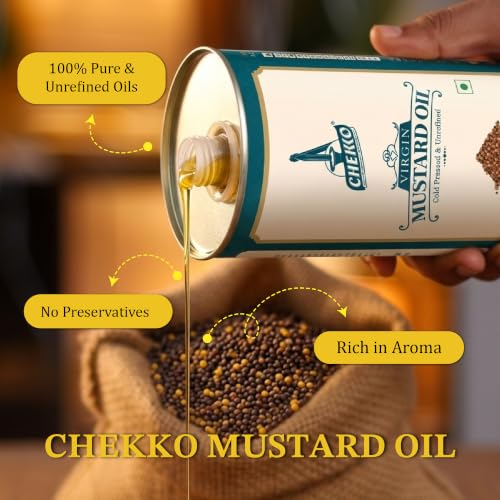 Image of Chekko Cold Pressed Mustard Oil 1 litre | Kachi Ghani Yellow Mustard Oil | Wood Pressed Edible Cooking Oil for Frying, Pickles, Sauteing & Traditional Indian Cooking | Natural Unrefined Mustard Oil Bulk Pack