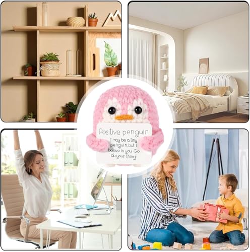 Image of Zibuyu Handmade Crochet Penguin Desk Decor with Positive Message Card Cute Motivational Crochet Toys Gift for Office Home Baby Nursery, Pink