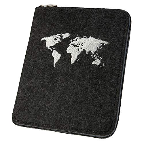 Funda para pasaporte, tamaño A5, de fieltro con cremallera, diseño de globo terráqueo (color a elegir), gris oscuro (Gris) - 71-001-017-0015-1211 Cover