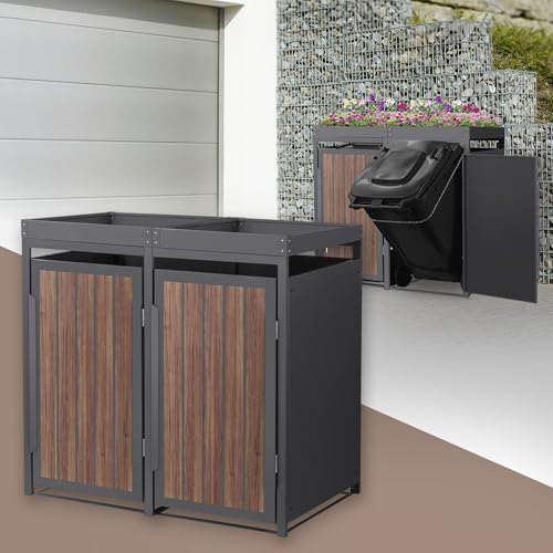 ML-Design Abri Cache 2 Poubelles 132x80x124cm 240L, Anthracite Aspect Bois Foncé en Acier, Toit pour Plantes/Fleurs, Porte Clôture, Habillage Conteneur, Protection Visuelle, Résistant aux Intempéries