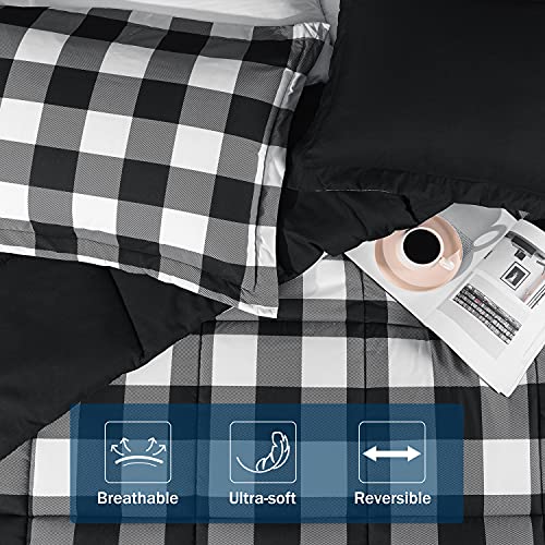 Image of downluxe Lightweight Plaid Comforter Set (Queen) with 2 Pillow Shams - 3-Piece Set - Black /White Plaid - Down Alternative Reversible Comforter