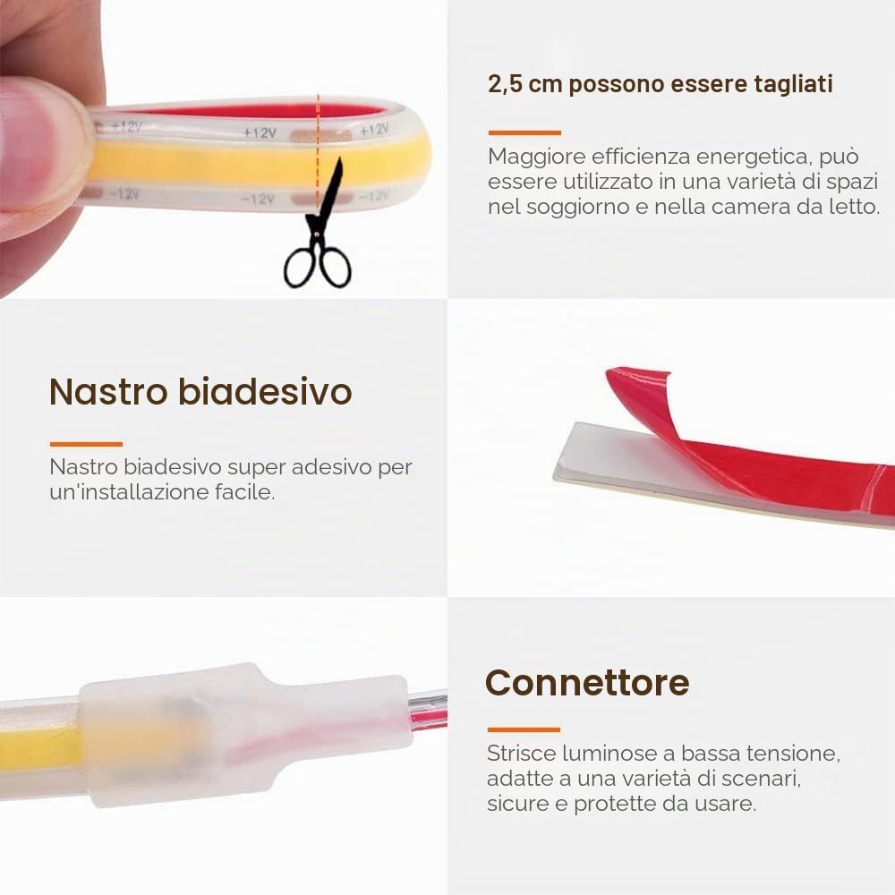 Striscia LED COB in silicone 320 LEDs/m, 12V impermeabile flessibile strisce luminose FCOB CRI85+ 10M bianco naturale 4000K uniforme senza punti scuri decorazione per camera da letto e cucina