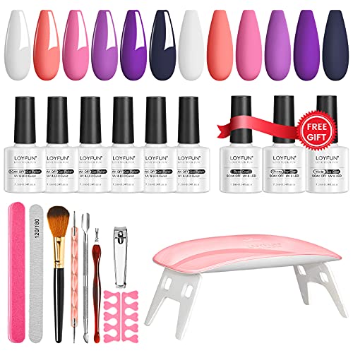 LOYFUN Gel Nail Polish Kit with UV Light & Top Base Coat, 6pcs Gel Nail Polish Set Nail Art Tools, Gel Lamp and Polish Set, Gel Nail Art Kit with UV Lamp (6W Portable Mini Nail Lamp Style)