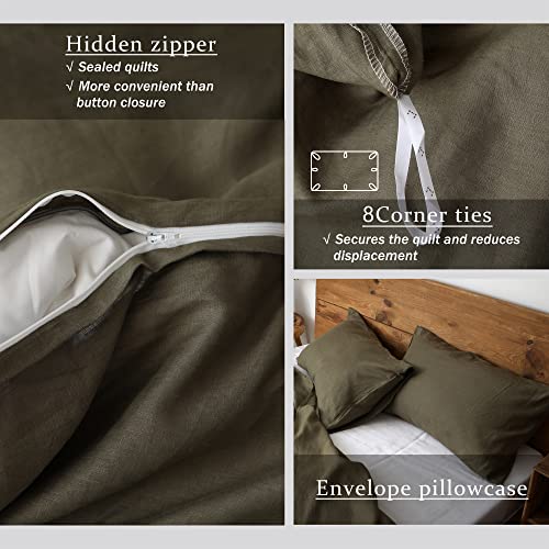 Image of XZ XIFA 100% Washed French Flax Linen Duvet Cover Set - 3 Pieces, Cooling & Textured Farmhouse Bedding for Hot Sleepers, with Zipper Closure (Olive Green, Queen)