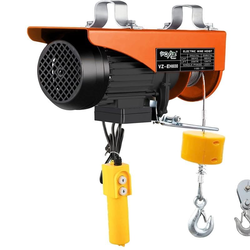 VOLTZ VZ-EH 600 Mini Electric Hoist -Copper winding, Steel Electric Lift, 220V Electric Hoist with Remote Control & Single/Double Slings for Lifting in Factories, Warehouses,Construction Site(600kg)