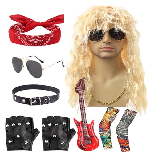 JIEBWCHA Costume Rocker - Abbigliamento Metal Disco Cosplay | Con Parrucca e Occhiali da Sole per Uomo Donna Halloween Festa Musicale