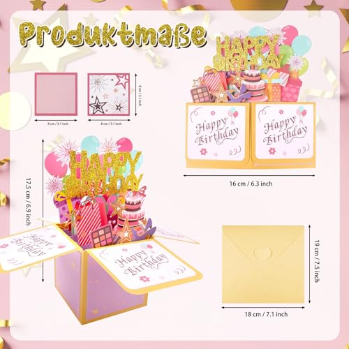 Geburtstagskarte, 3D Pop-Up Happy Birthday Karte, Handgemachte Faltkarte mit Umschlag, Geburtstagsgeschenk für Ehefrau, Freundin, Männer & Freunde – Roségold 18 x19 cm