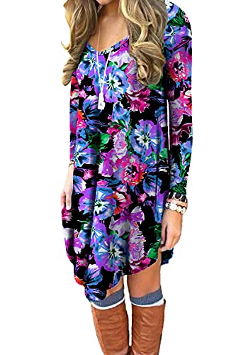 DEARCASE Women's Long Sleeve Casual Sweater Tunic Dress Floral Blue X-Large V-Neck Spring Loose Fall Winter Stretch A-Line Wedding Guest Knee Length Jersey Flowy Swing Tshirt Dresses