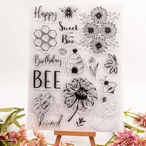 Sweet Bee Honeycomb Daisy Flower Pattern Silicone Clear Stamps Cards Sentiments Happy Birthday Transparent Seal Clear Stamps for Holiday Card Making Decoration and DIY Scrapbooking Album DIY Crafts