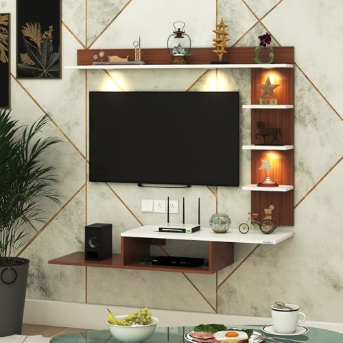Image of Anikaa Wintor Engineered Wood Wall Mounted TV Unit with 4 LED Lights, 3 Open Shelves, 1 Storage Box & Decorative Display Shelf for Living Room | Ideal for Upto 43 Inch TV- Walnut /White(DIY Assembly)