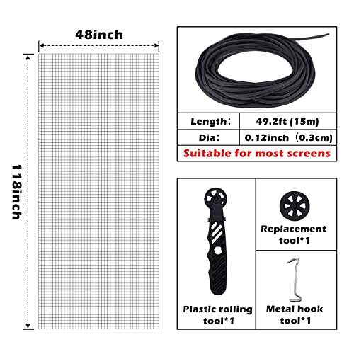 Htvront Window Screen Replacement And Screen Repair Kit For Windows Or Doors, 48"*118" Window Screen Roll With Rolling Tool/Hook/Spline, Screen Door Repair Kit-Black #TOP1