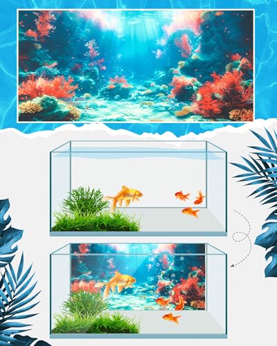 Image of Mindsoft 4 Pack Aquarium Background Polyester 48 x 24 Inch Cloth Fish Tank Background Undersea Corals Sunshines Rock Aquatic Plants Wallpaper with Double-Sided Tape