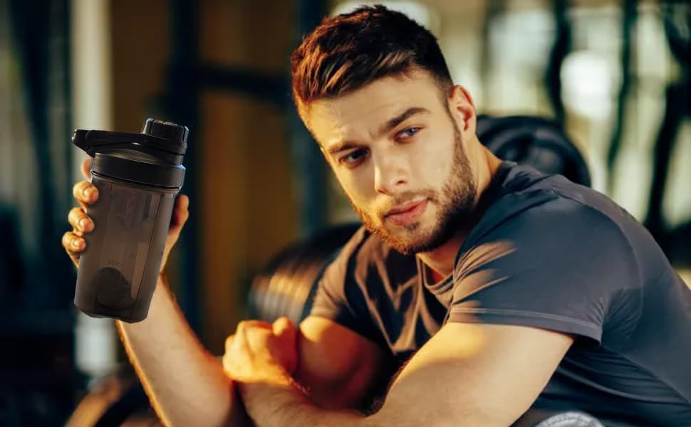 Miniatura 5 de Shaker Bottle en negro oscuro con elegante diseño mecánico (tapa giratoria bloqueable antifugas fijo con brazo delgado, bucle moden grande), cuerpo