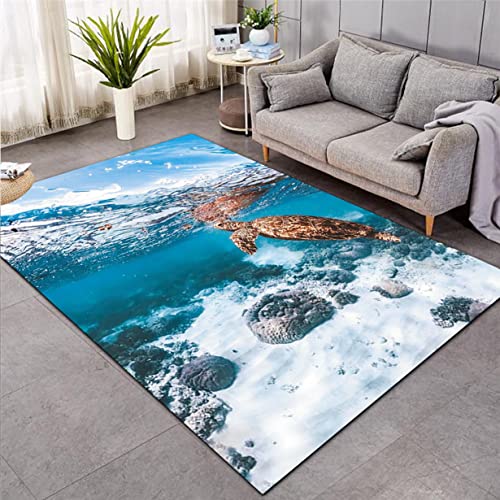 Alfombra de Sala de Estar 3D Océano Azul Mundo Submarino Niña Dormitorio Decoración Olas Playa Tortuga Marina Antideslizante Alfombras Juego de Niños Estera Cover