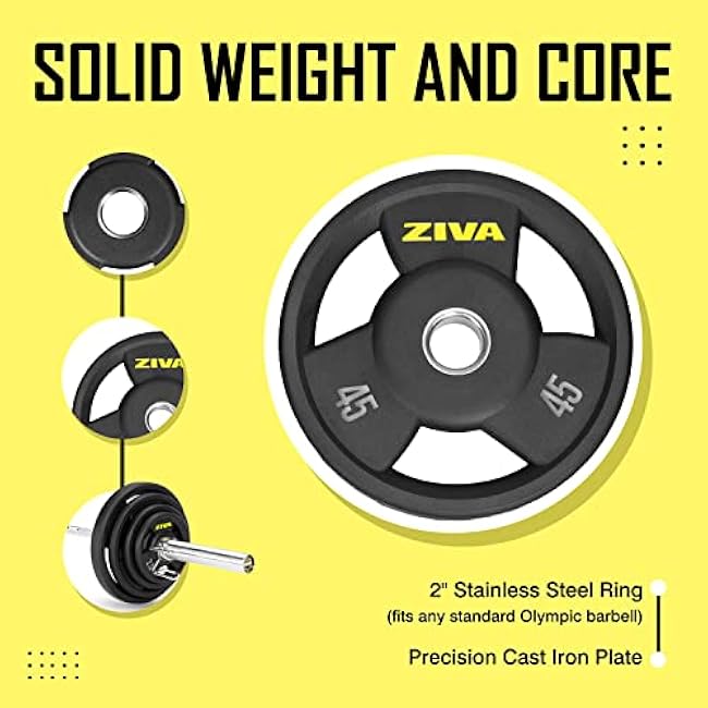 ZIVA Olympic Weight Plate ¨C Premium Urethane-Coated Grip Disc with 2 Stainless Steel Insert and 3-Position Handle ¨C Sold Individually (2.5¨C45 lb) Does not fit Standard Studio Barbell
