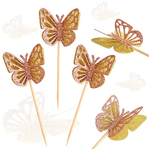 Ercadio 24 Pack Double Layers Butterfly Cupcake Toppers Assembled Gold And Rose Gold Glitter Butterfly Cupcake Picks Decorations For Baby Shower Kids Birthday Party Supplies #TOP3
