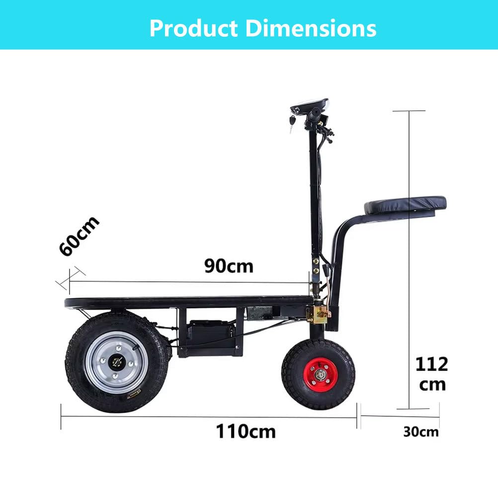 Carrello elettrico per camion con piattaforma, carrello mobile resistente con ruote e sedile per trasporto bagagli e carichi, design piatto per un facile carico e manovrabilità