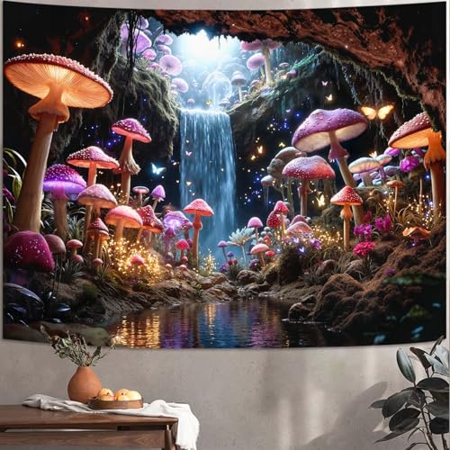 Zussun Fantasy Mushroom Waterfull Tapestry Fairy Butterfly Cave Wall Tapestry for Bedroom Aesthetic Nature Magic Floral Small Tapestries Wall Hanging for Dorm Living Room Decor 60 x 44 Inch