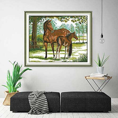 Cross Stitch Counted Kits Stamped Kit Cross-Stitching Pattern for Home Decor, 14CT Pre-Printed Fabric Embroidery Crafts Needlepoint Kit (Printed Kits,The Horse Mother and Son)
