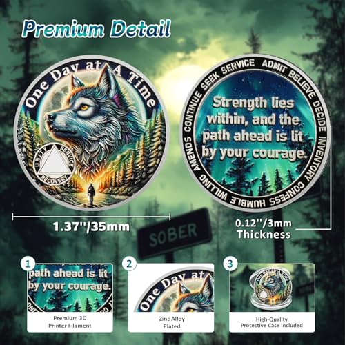 one day at a time sobriety coin - recovery aurora forest wolf aa coins - addiction na aa chips and medallions - celebrate 1-65 sober living clean narcotics alcoholics anonymous gifts for men women