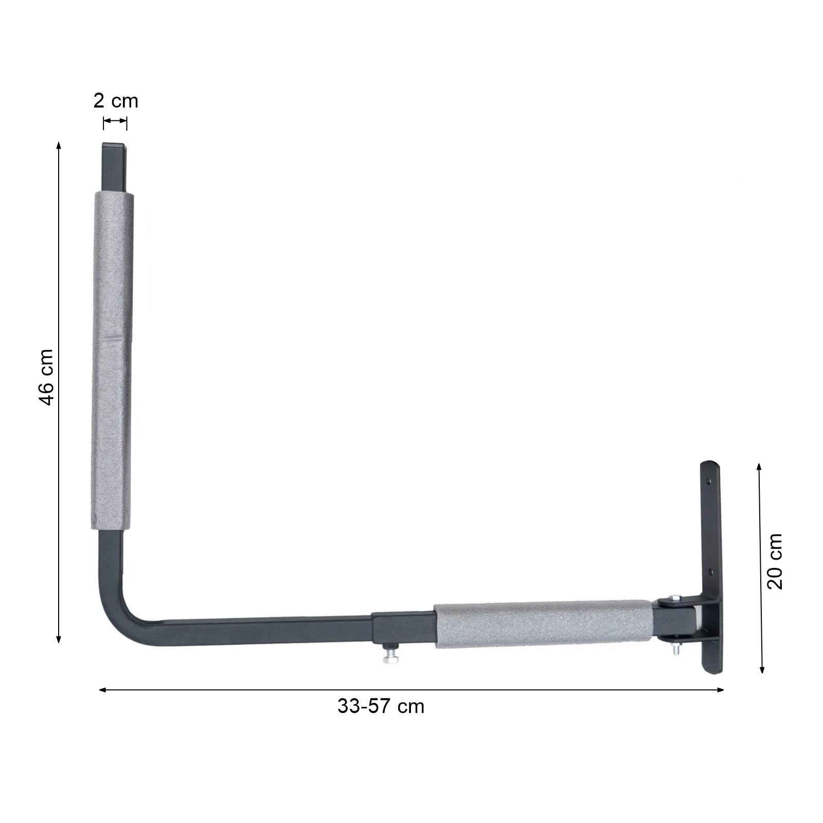 QLS Regulowany uchwyt na box dachowy 33–57 cm szary | Stal malowana proszkowo z pianką PE. Regulowana szerokość 33–57 cm, nośność ok. 40 kg