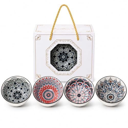Image of YELONA Handcrafted Ceramic Bowl Set of 4 with Gift Box | 300ml Japanese Boho Mandala Design Bowls | Microwave & Dishwasher Safe Snack, Dessert, Soup | Ceramic Dinner Set for Gifting (Mandala Muse)