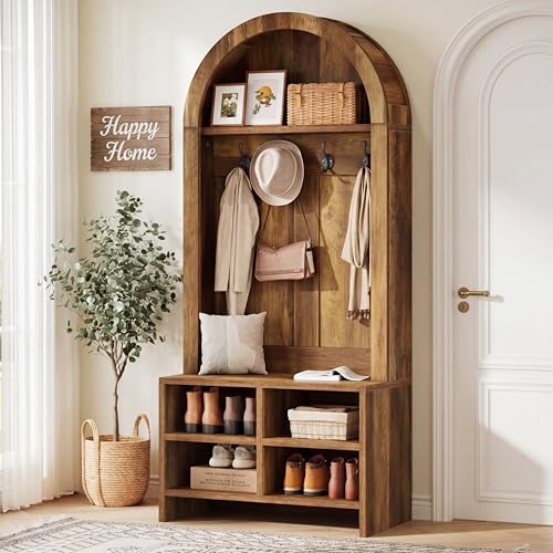 Tribesigns Arched Hall Tree with Bench and Shoe Storage 70.87 H Tall Coat Rack with Shoe Storage Bench 4-in-1 Entryway Coat Rack with 4 Hooks & Storage Cubbies for Mudroom Hallway Bedroom Brown