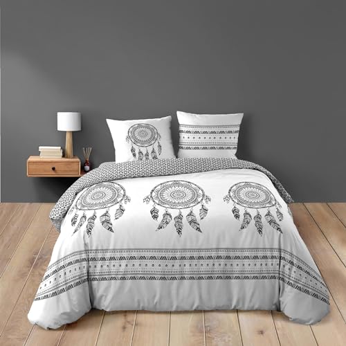 Douceur d'Intérieur, Parure de Lit 3 Pièces (240 x 220 cm) Indian Dream Blanc, 100% Coton