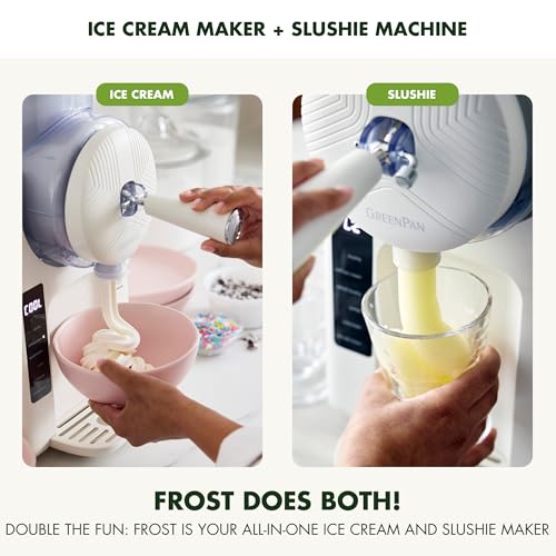Image of GreenPan Frost Ice Cream Maker & Slushie Machine, Mixing Bowl included, Soft Serve, Sorbet, Margaritas, Milkshakes, Frozen Yogurt, No Pre-Freezing, Ready in 15 Mins, 6 Modes, Self-Cleaning, Cream