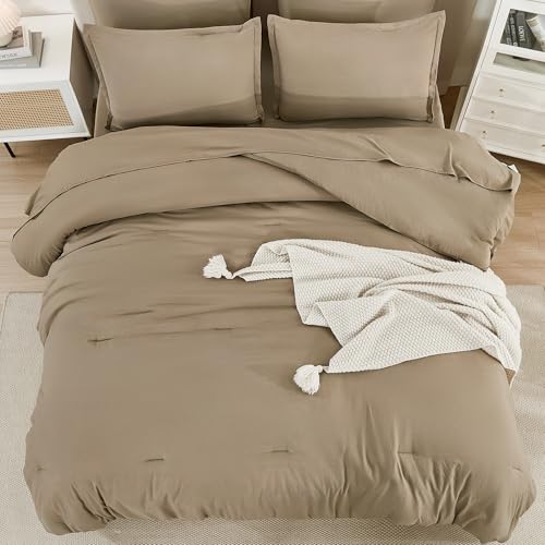 Litanika Oversized Queen Size Comforter Set Taupe - 7 Pieces Bed in a Bag Oversized Beddding Sets, Solid Lightweight Bed Set with Comforter, Sheets, Pillowcases & Shams