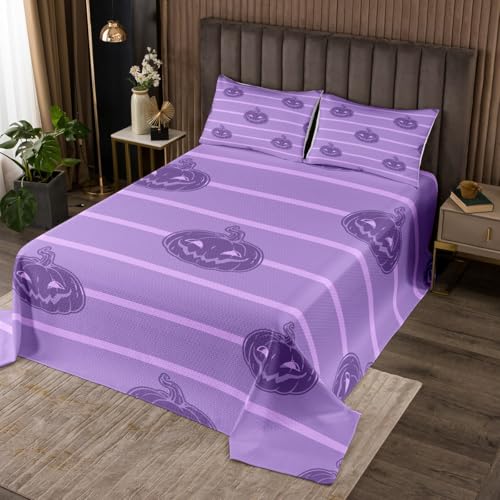 jejeloiu Halloween Theme Bedspread Queen Size Kids Cute Lovely Pumpkin Coverlet Set for Boys Girls Cartoon Kawaii Geometric Stripe Quilted Coverlet Room Decor