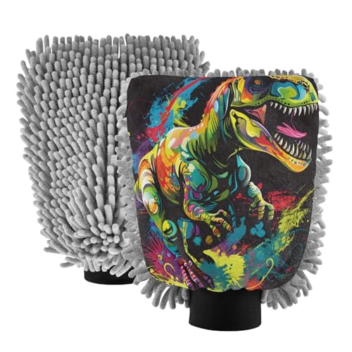 ALAZA Dinosaur T-rex Dino Car Wash Mitt Scratch Free, 2 Pack Absorbent Microfiber/Chenille Washing & Drying Mitts, L