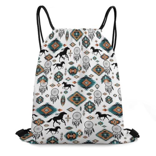 Compact Backpack 13.8x16.5 Inch, Southwestern Aztec Horse Drawstring Bags for Women and Men, Novelty Waterproof String Backpack, Reusable Draw String Bag