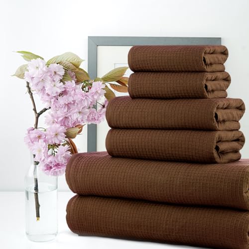 Image of Casa Copenhagen, Egyptian Cotton - Waffle Terry Towel 6 Piece Set, Includes 2 Bath Towels 2 Hand Towels 2 Washcloths - Brown