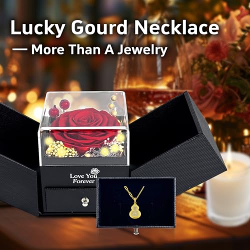 Birthday Gift for Women, Preserved Red Real Rose Jewelry Box with LED,forever roses I Love You Lucky Gourd Necklace Romantic Gift for Her Mom Wife Girlfriend on Birthday Anniversary Valentine - Image 6